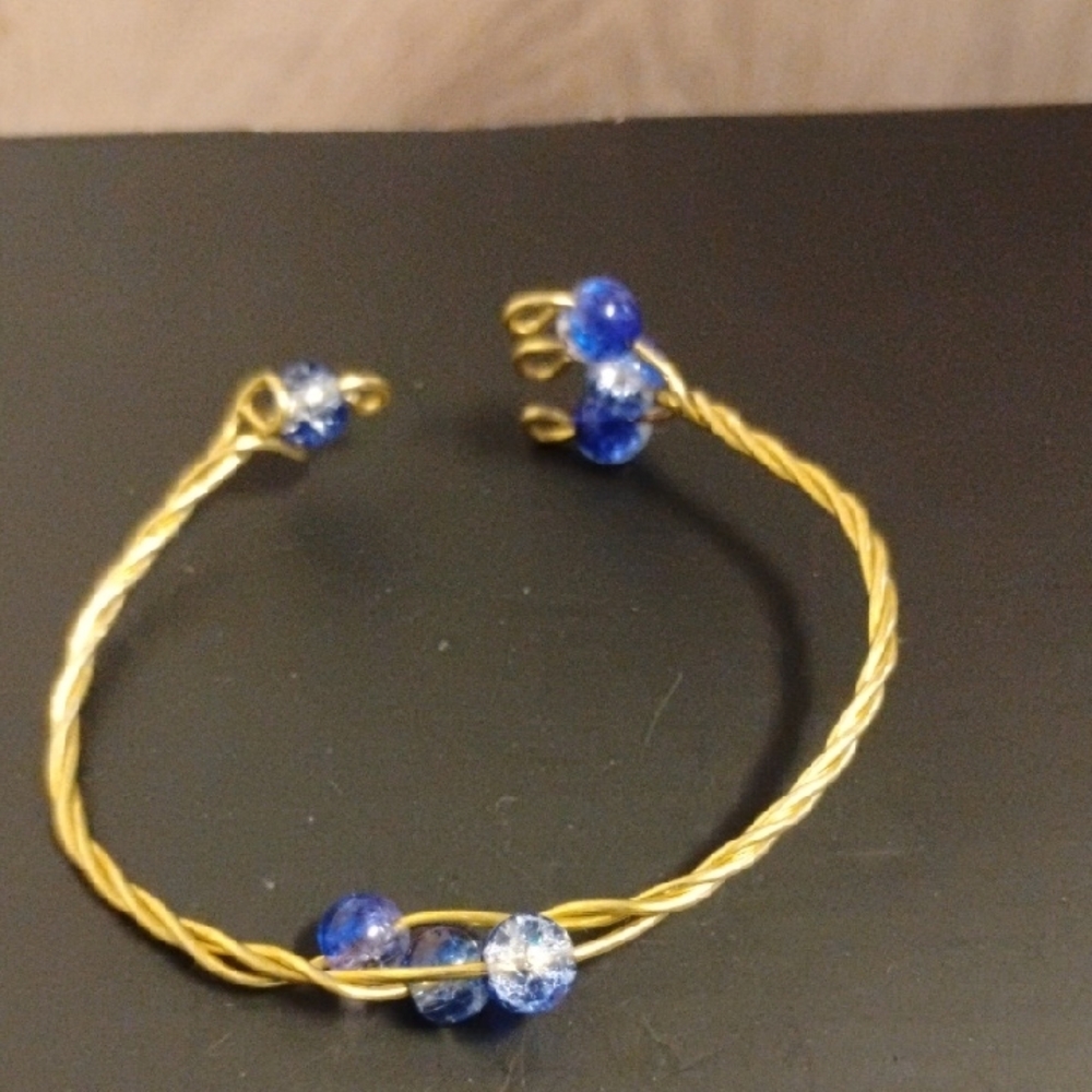 Handmade Brass Wire and Blue Beaded Arm Band